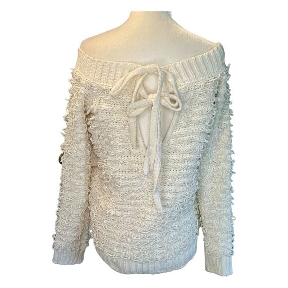 Forever 21 Off The Shoulder Sweater Cream Shaggy Loop Knit‎ Long Sleeves S - Picture 4 of 7